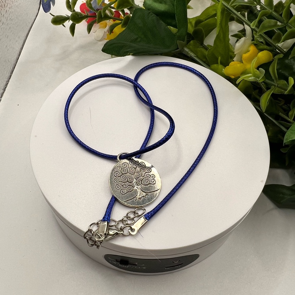 Silver Tone Etched Tree of Life Pendant‎ on Blue Cord NEW